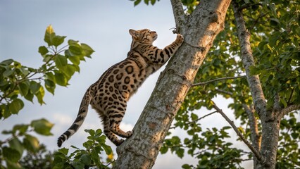 Obraz premium Bengal cat ascending a tree trunk, captured during sunset with green leaves