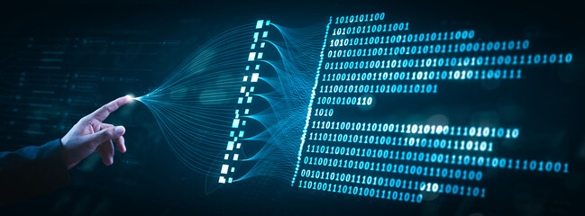 Visual representation of big data processing and binary code integration. Showcases AI, machine learning, and data flow concepts, emphasizing innovation in analytics and data-driven technology