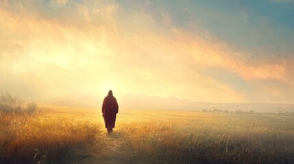 Fototapeta premium A peaceful painting of Jesus Christ walking alone, with a soft sky and open landscape offering a serene background and banner copy space