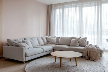 Fototapeta premium Minimalist, modern Scandinavian interior design in the living room with windows visible and sofa and wood table. Generative AI 