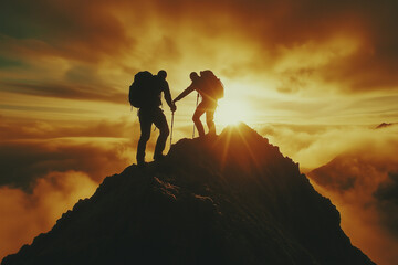 Naklejka premium Silhouette of Hikers Helping Each Other on a Mountain Peak at Sunset – Teamwork and Adventure Concept