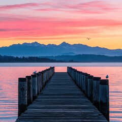 Obraz premium Tranquil Sunset Over Serene Pier with Mountain Backdrop and Sky
