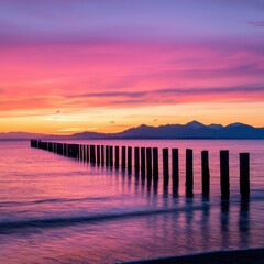 Fototapeta premium Serene Sunset Over Calm Waters with Wooden Pillars and Mountains