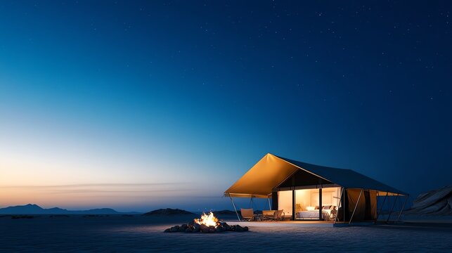 Desert resort hotel with luxurious tents, fire pits, and starry skies, offering a unique glamping experience