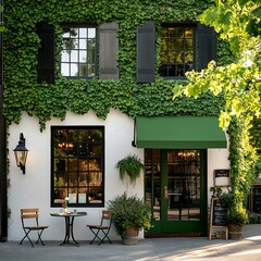 Historic boutique hotel facade with ivycovered walls and antique charm, nestled in a quaint European village