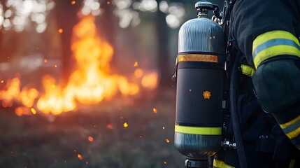 Detailed View of Firefighter with Oxygen Tank in Front of a Forest Fire Capturing the Urgency of Rescue Operations