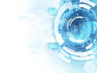 Abstract technology background with blue glowing circles and hexagons.
