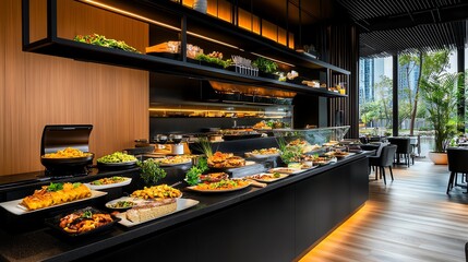 Fototapeta premium Hotel breakfast buffet with an array of colorful, fresh food options, perfect for diverse tastes and appetites
