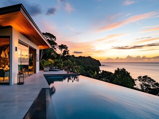 Boutique resort on a cliff with infinity pools, lush greenery, and breathtaking ocean views at sunset