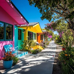 Boutique resort with pastelcolored cottages, flowering trees, and quaint pathways, creating a whimsical retreat