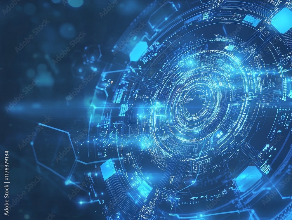 Poster abstract blue glowing digital technology circular network.