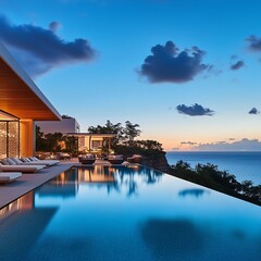 Fototapeta premium Luxury seaside resort with panoramic cliffside views, exclusive dining options, and worldclass service