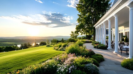 Elegant inn on a hill with terraced gardens, white columns, and expansive views of the countryside