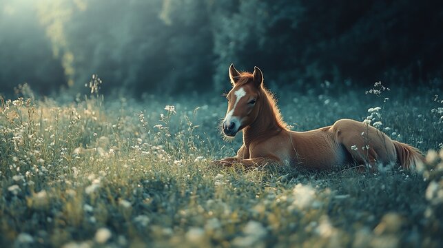 Chestnut foal resting in a sunlit meadow.