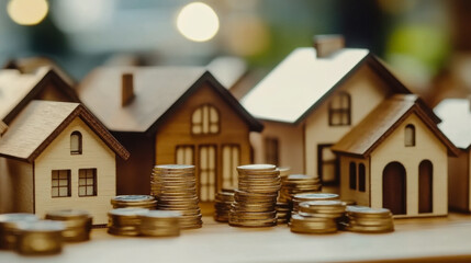 wooden house models placed on increasing stacks of coins