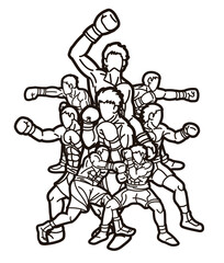 Outline Group of Fighter Boxing Sport Boxer Men Fighting Punching Mix Action Cartoon Graphic Vector