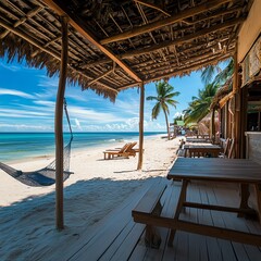Fototapeta premium Rustic beach resort with hammocks, wooden shacks, and bonfires, offering a laidback tropical vibe