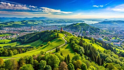 Obraz premium Uetliberg Mountain Zurich Switzerland Panoramic View Scenic Landscape