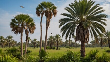 Fototapeta premium Palmyra Palm in a Vibrant Tropical Ecosystem: Birds and Animals Flourishing