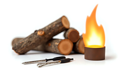 a pile of logs with a fire and flames on a white background	