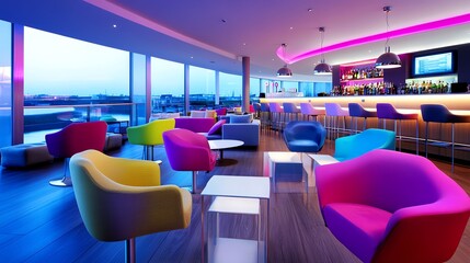 Fototapeta premium Stylish hotel bar with neon lighting and signature cocktails, offering a trendy nightlife atmosphere