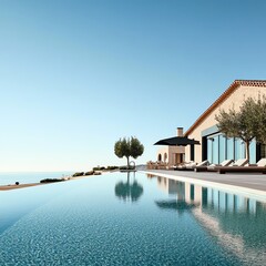 Obraz premium Mediterraneanstyle resort hotel with terracotta rooftops, infinity pools, and olive trees for a coastal retreat
