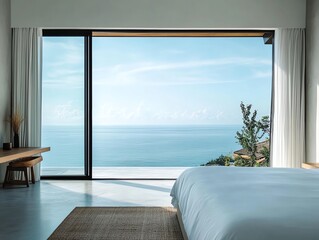 Fototapeta premium Minimalist hotel room with large windows overlooking a tranquil ocean view, serene and calming for a peaceful getaway