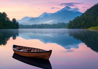 Serene Lake at Sunset with Wooden Boat and Misty Mountain Reflections