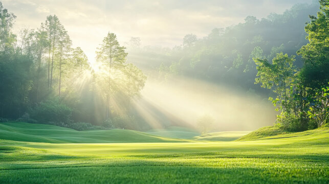 olf teeing ground in golf course with sunrise background
