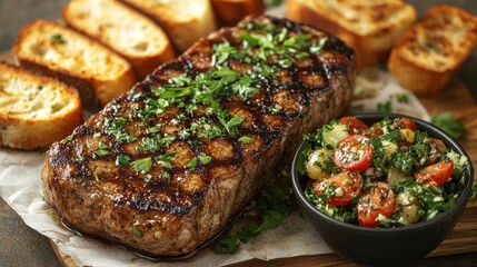 Grilled steak, garlic bread, and vibrant salad.