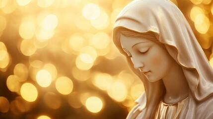 Fototapeta premium A serene white statue of the Virgin Mary, Mother of Jesus Christ, set against a glowing golden bokeh background, ideal for spiritual banners or designs