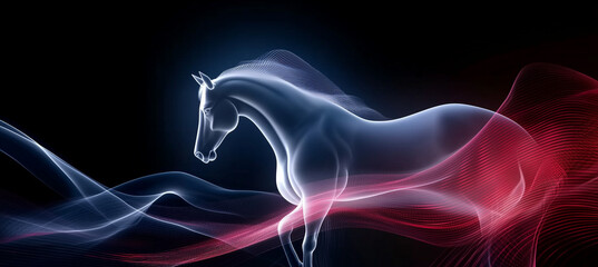 Obraz premium Dynamic white silhouette of a rearing horse illuminated by vibrant red fractal rays on a dark blue background, representing strength, elegance, and creative design elements.