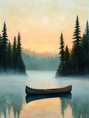 Fototapeta premium Serene Canoe on Calm Lake Surrounded by Majestic Pine Trees
