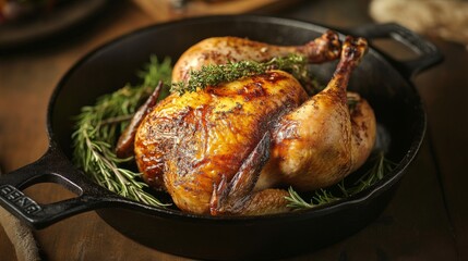 Fototapeta premium Delicious roasted whole chicken with golden crispy skin and aromatic spices served in a black iron skillet on rustic table setting, perfect for traditional family dinners and festive holiday meals