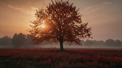 A beautiful red ross and tree season autumn smog sunset background,