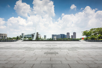 Expansive Urban Plaza with Modern Architecture and Scenic Sky
