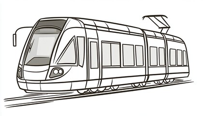 A stylized line art drawing of a modern tram or light rail vehicle. Suitable for transportation-related designs, coloring books, or educational materials.
