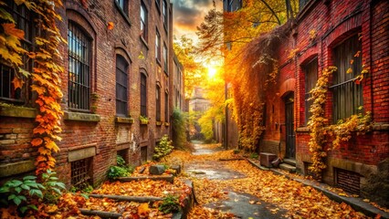 Fototapeta premium Urban Autumn Exploration: Colorful Decay, Grungy Brick Walls, Leafy Street, Fall Colors