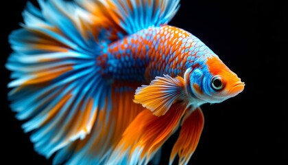 Fototapeta premium Vibrant Betta Fish Displaying Striking Blue and Orange Hues Against a Dark Background
