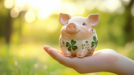 豚の置物を持つ手
