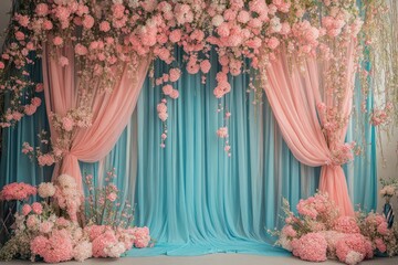 Romantic wedding backdrop with pink flowers and blue drapes.
