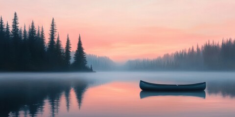 Obraz premium Serene Canoe on Calm Lake at Dawn with Mist and Colorful Sky