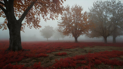 Fototapeta premium A beautiful red ross and tree season autumn Large maple tree smog sunset background,