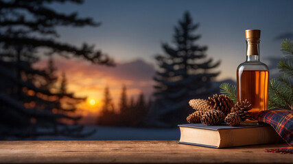 wiski Scottish celebration, burning evening table decoration with poetry book, scotch whiskey, tartan ribbon and pine cones on the right, leaving space for text on the left with a spring background