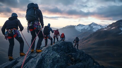 Obraz premium Team of Climbers Roped Together Ascending a Mountain at Sunset with Stunning Scenic Background