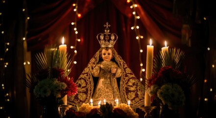 Decorative religious statue adorned with lights and candles