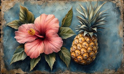 Fototapeta premium Pink hibiscus, pineapple, textured background, tropical still life.