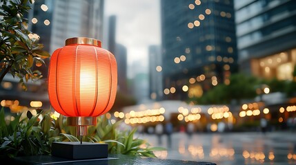 Glowing red lantern standing out as the focal point in a festive urban environment surrounded by the illuminated skyscrapers and buildings of a modern city skyline at night  The serene
