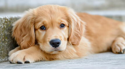 Playful golden retriever puppy resting on steps, showcasing its adorable features and soft fur. This charming dog exudes warmth and innocence, perfect for pet lovers