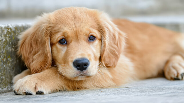 Playful golden retriever puppy resting on steps, showcasing its adorable features and soft fur. This charming dog exudes warmth and innocence, perfect for pet lovers